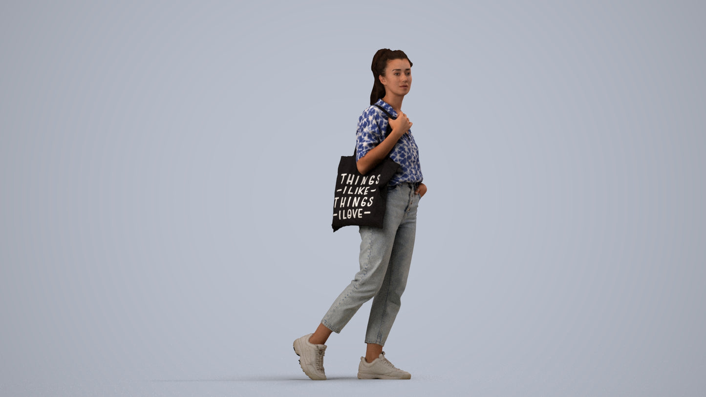 realistic 3D woman casual walking, scanned archviz people for Blender and 3ds Max, side view render