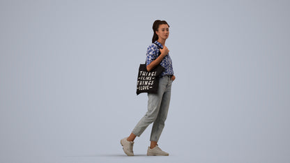 realistic 3D woman casual walking, scanned archviz people for Blender and 3ds Max, side view render