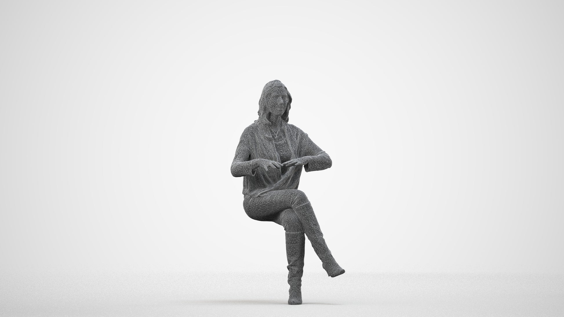 realistic 3D people woman business sitting, render-ready for V-Ray and Corona, FBX OBJ, wireframe side view