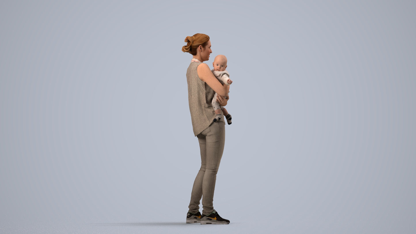realistic 3D people woman casual kids, render-ready for V-Ray and Corona, FBX OBJ, side view render