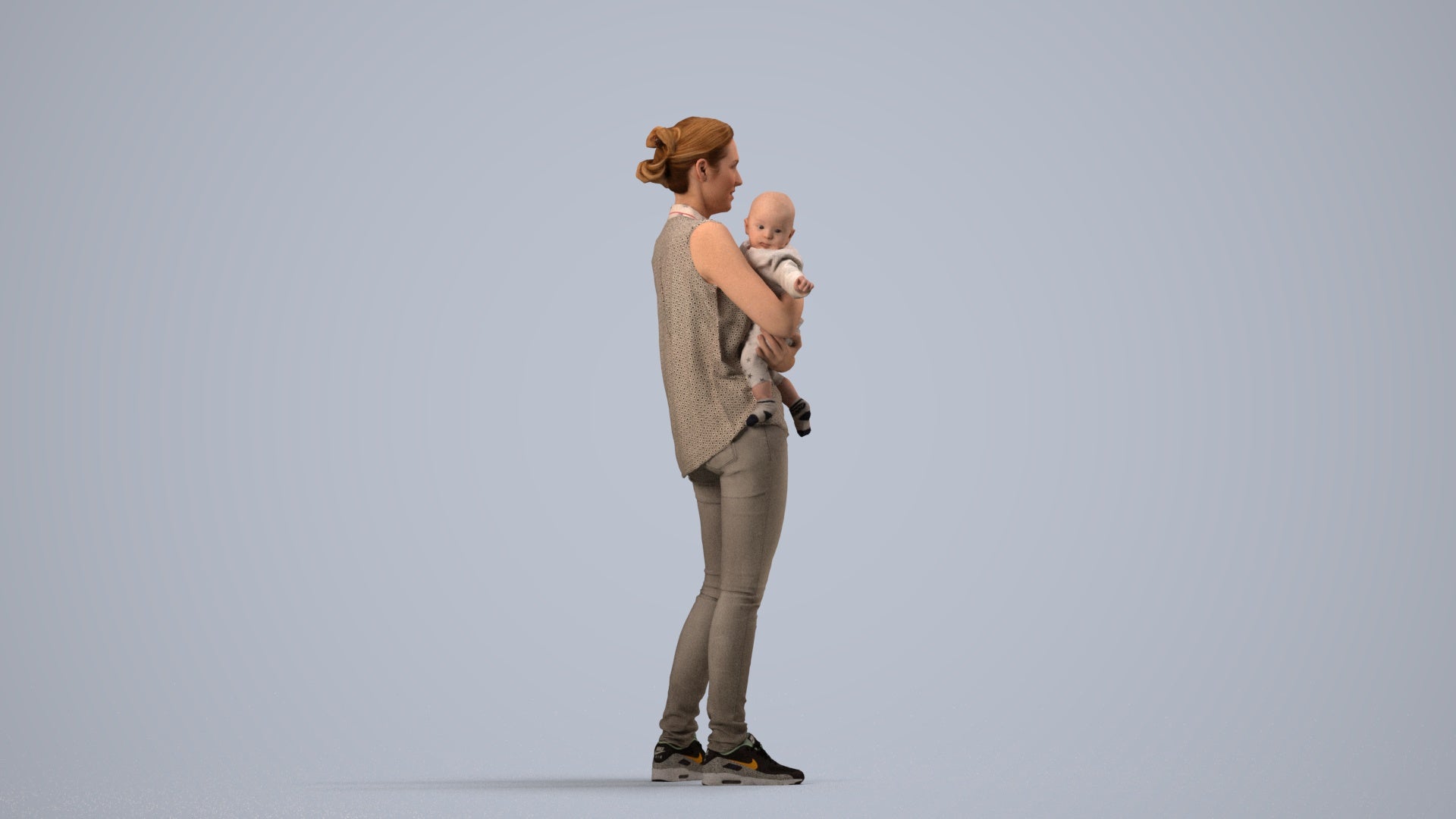 realistic 3D people woman casual kids, render-ready for V-Ray and Corona, FBX OBJ, side view render