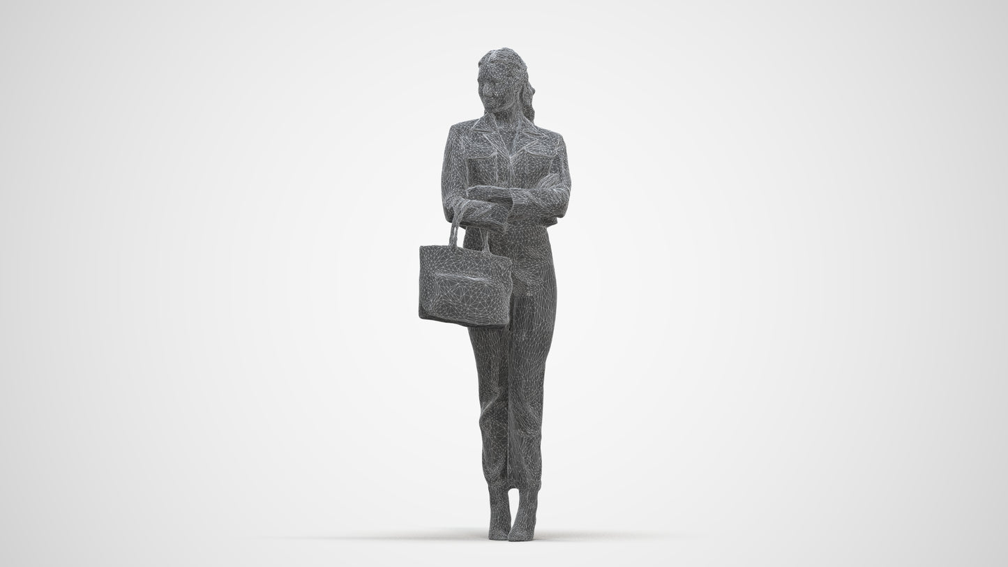 realistic 3D human woman business standing, archviz people FBX OBJ for Blender, three-quarter front view render