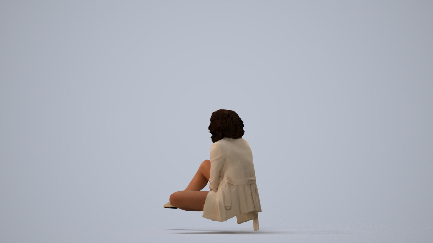 3D human model woman business sitting, photogrammetry scanned person for archviz, three-quarter view render