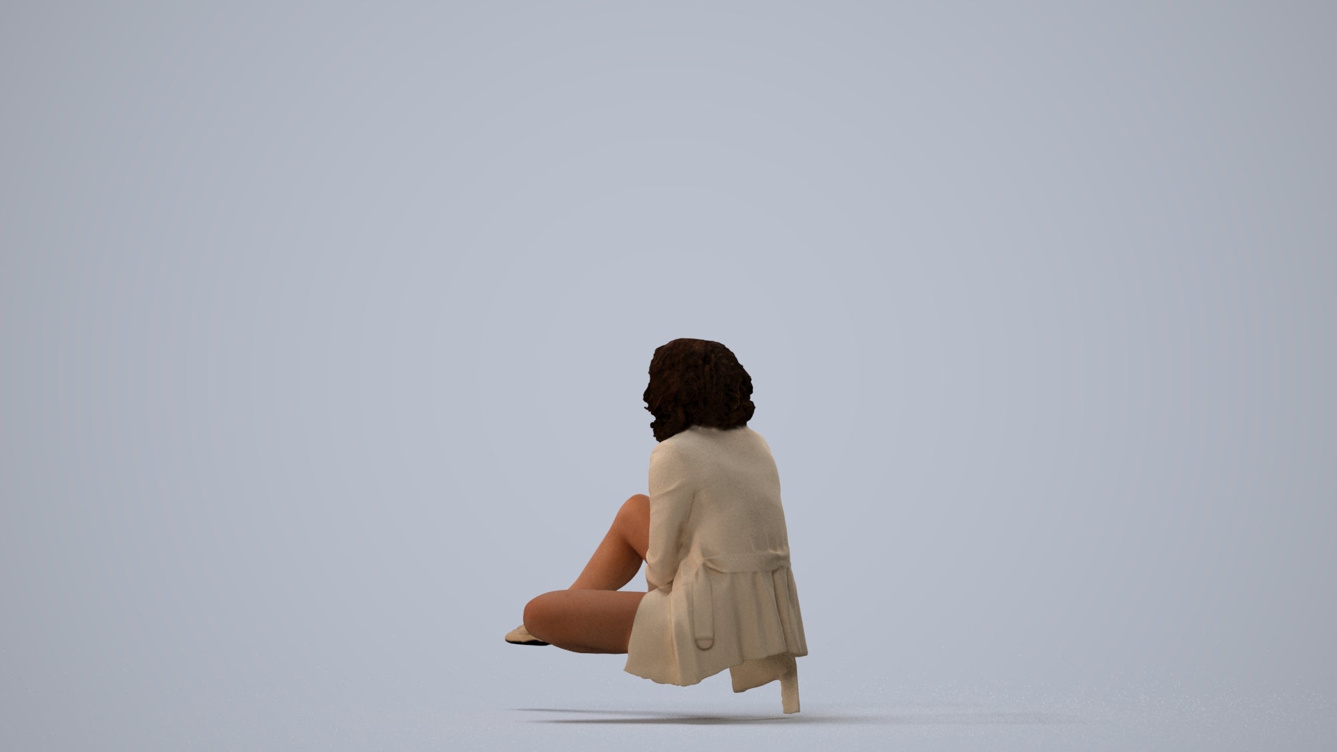 3D human model woman business sitting, photogrammetry scanned person for archviz, three-quarter view render