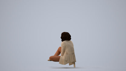 3D human model woman business sitting, photogrammetry scanned person for archviz, three-quarter view render