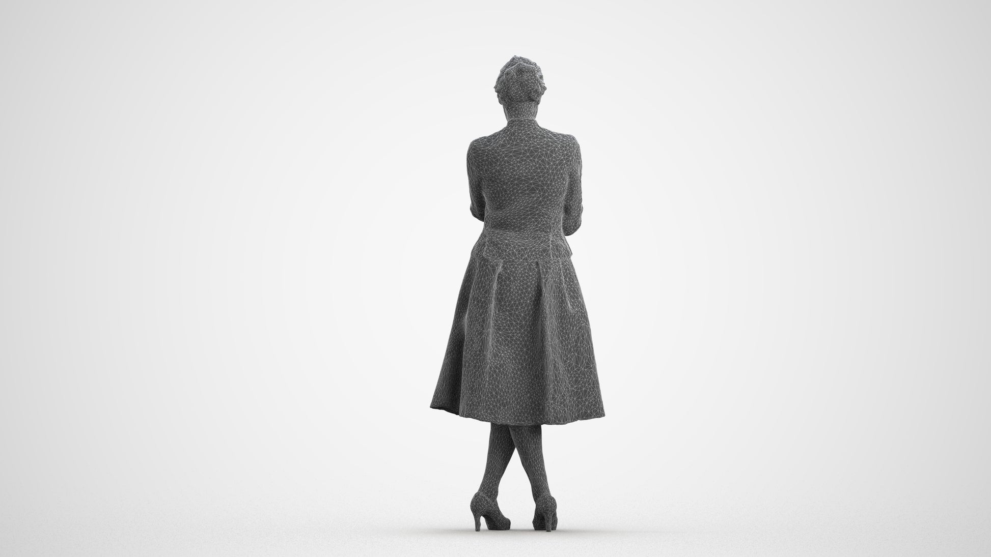 3D people model senior woman business standing, scanned human for 3ds Max rendering, wireframe front view
