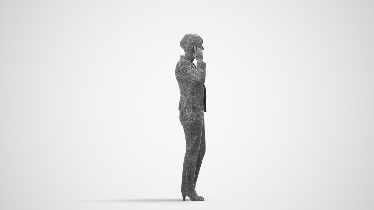 realistic 3D senior woman business standing, scanned archviz people for Blender and 3ds Max, wireframe side view