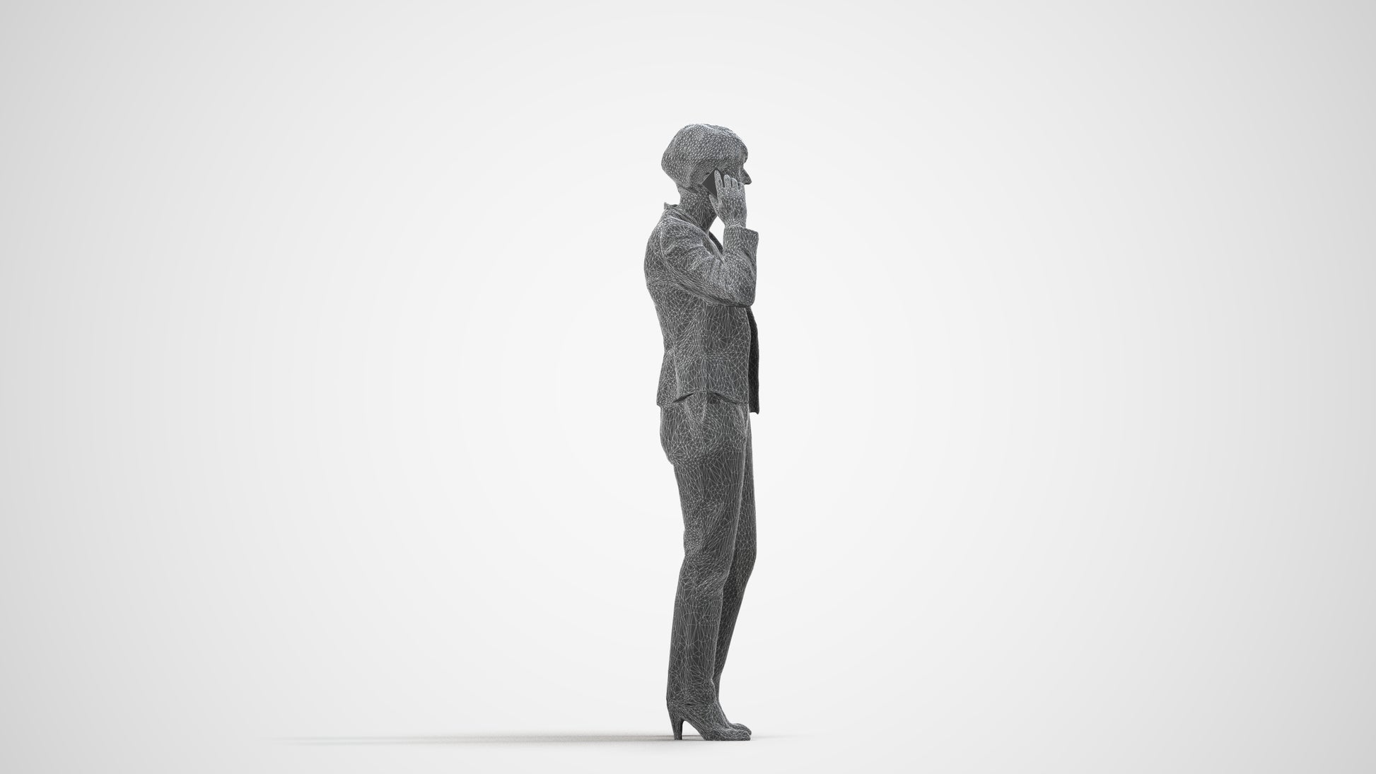realistic 3D senior woman business standing, scanned archviz people for Blender and 3ds Max, wireframe side view