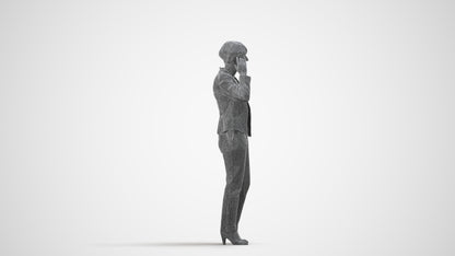 realistic 3D senior woman business standing, scanned archviz people for Blender and 3ds Max, wireframe side view