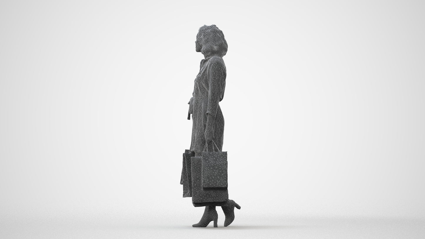 3D human model woman casual shopping, photogrammetry scanned person for archviz, square thumbnail