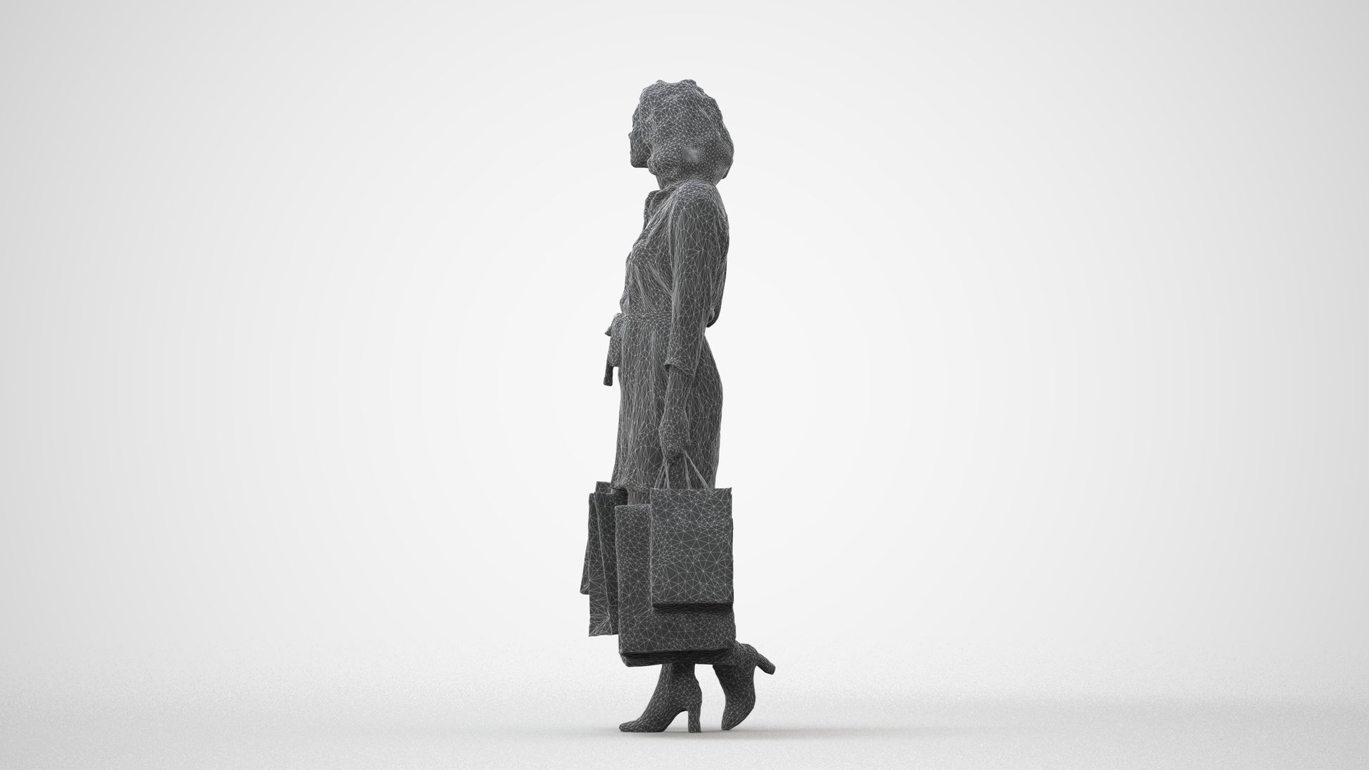 3D human model woman casual shopping, photogrammetry scanned person for archviz, square thumbnail