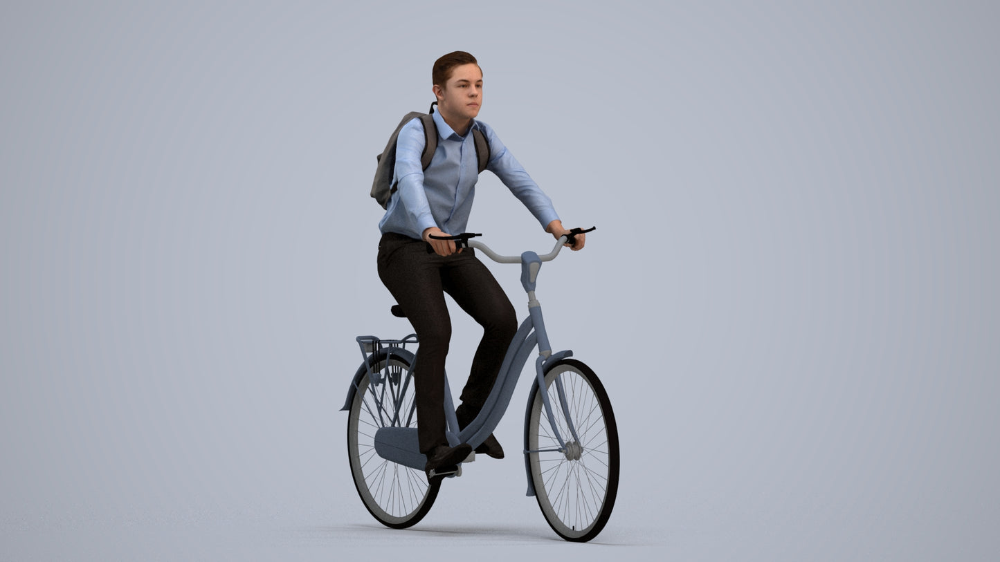 realistic 3D human boy business cycling, archviz people FBX OBJ for Blender, standing pose render
