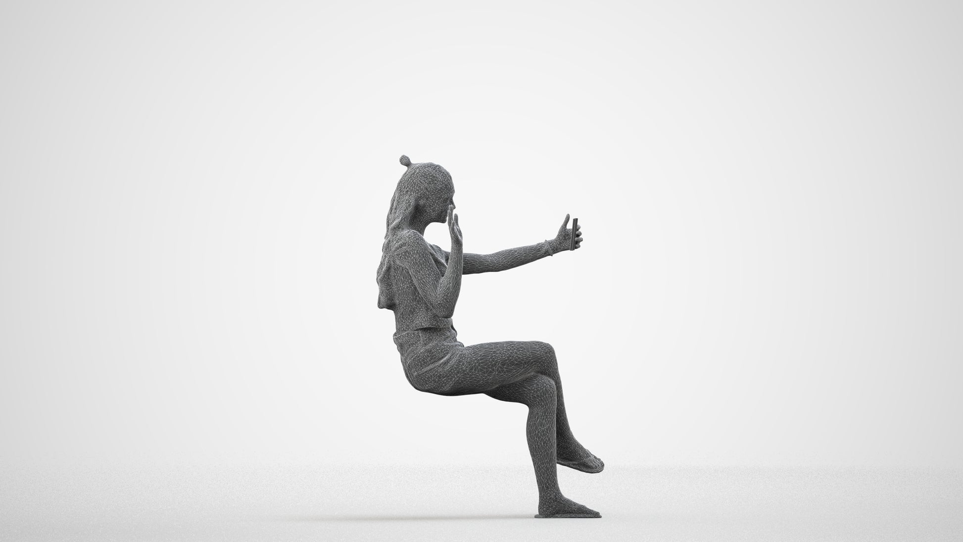 realistic 3D human girl casual sitting, archviz people FBX OBJ for Blender, wireframe side view