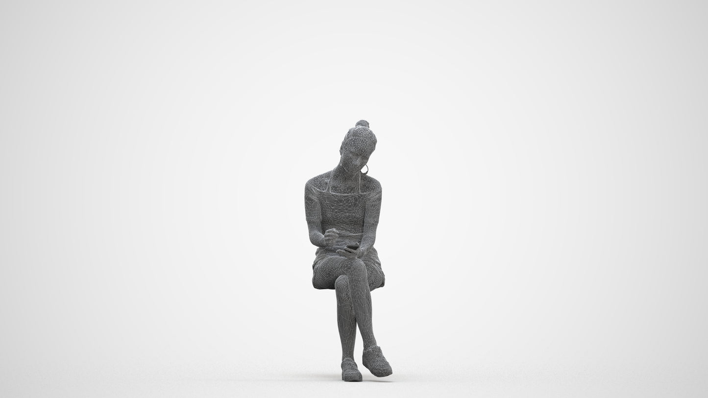 realistic 3D human woman casual sitting, archviz people FBX OBJ for Blender, three-quarter front view render