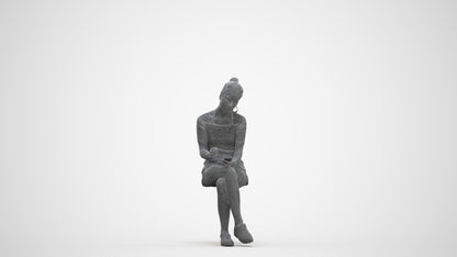 realistic 3D human woman casual sitting, archviz people FBX OBJ for Blender, three-quarter front view render