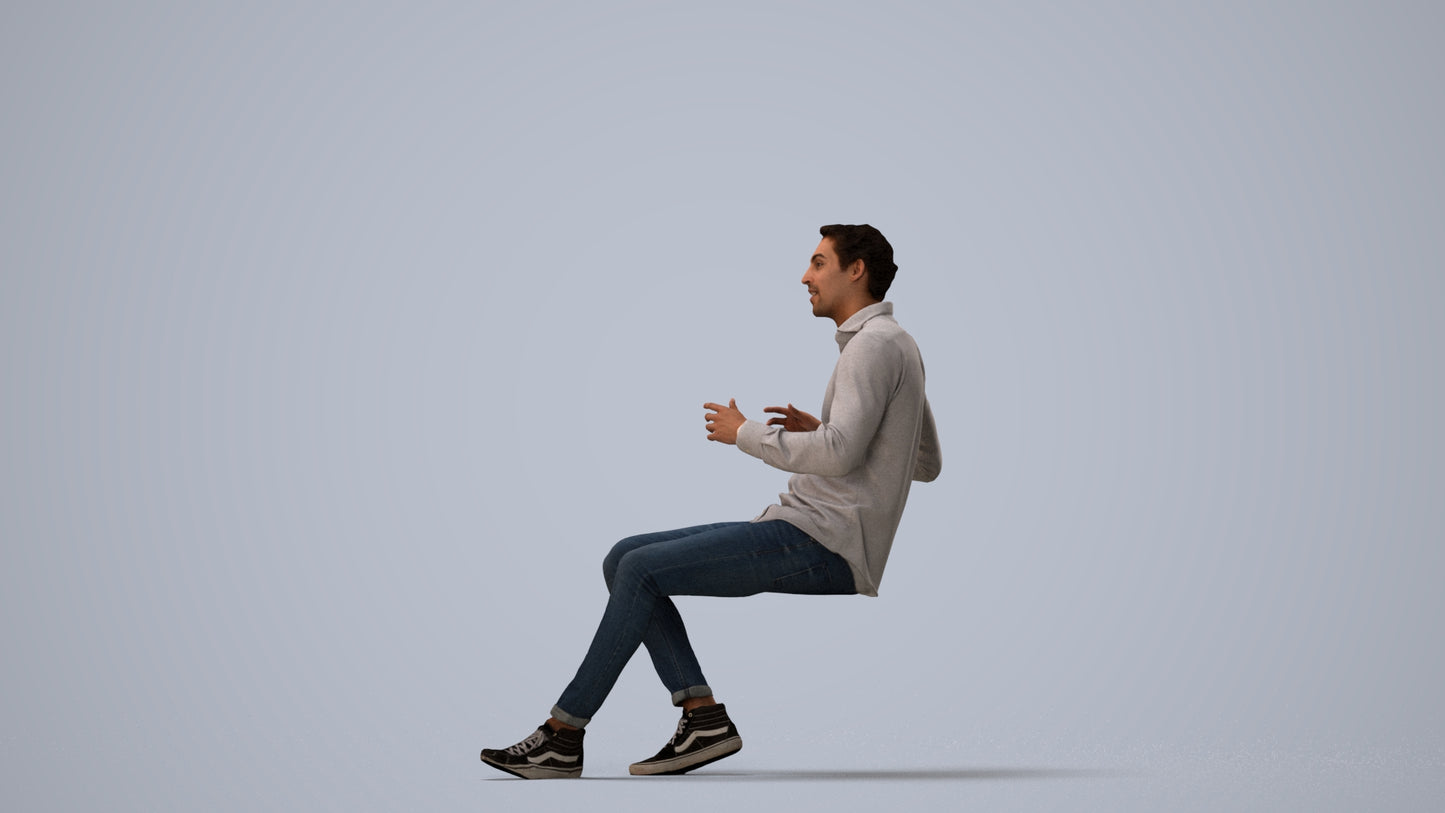 realistic 3D human man casual sitting, archviz people FBX OBJ for Blender, three-quarter view render
