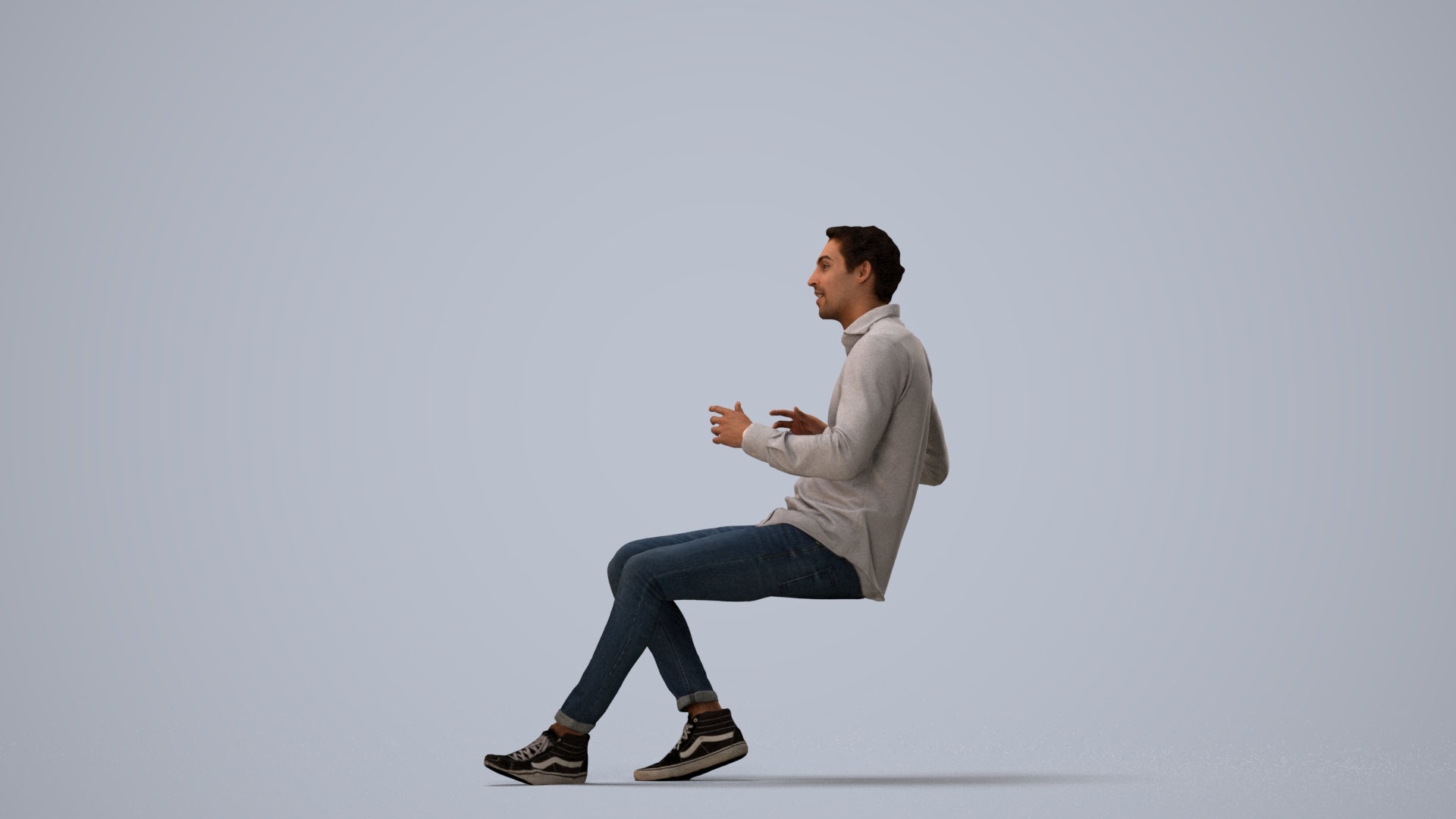 realistic 3D human man casual sitting, archviz people FBX OBJ for Blender, three-quarter view render