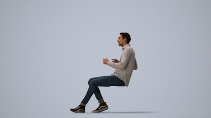 realistic 3D human man casual sitting, archviz people FBX OBJ for Blender, three-quarter view render