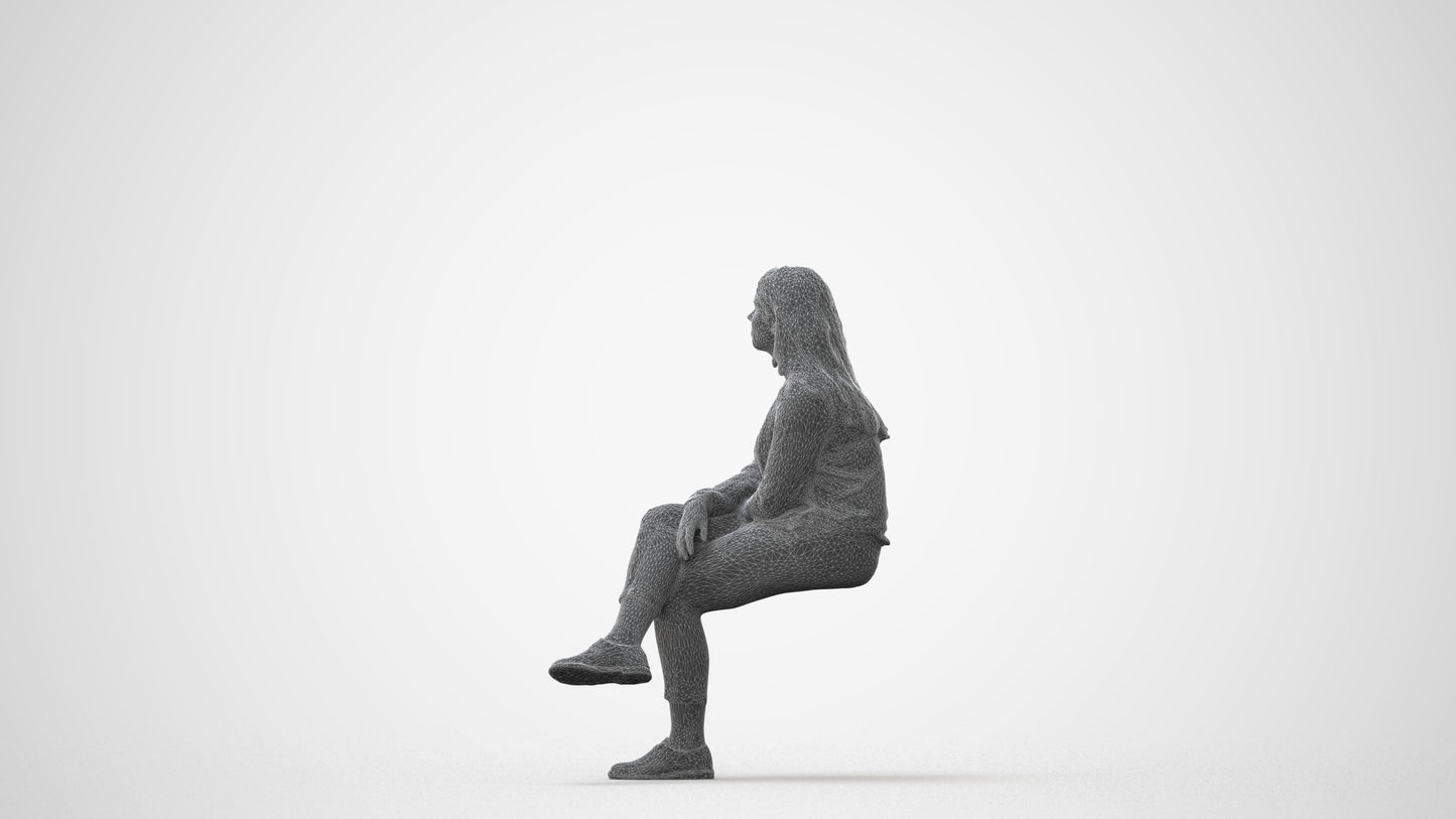 3D human model woman casual sitting, photogrammetry scanned person for archviz, square thumbnail