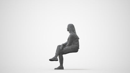 3D human model woman casual sitting, photogrammetry scanned person for archviz, square thumbnail