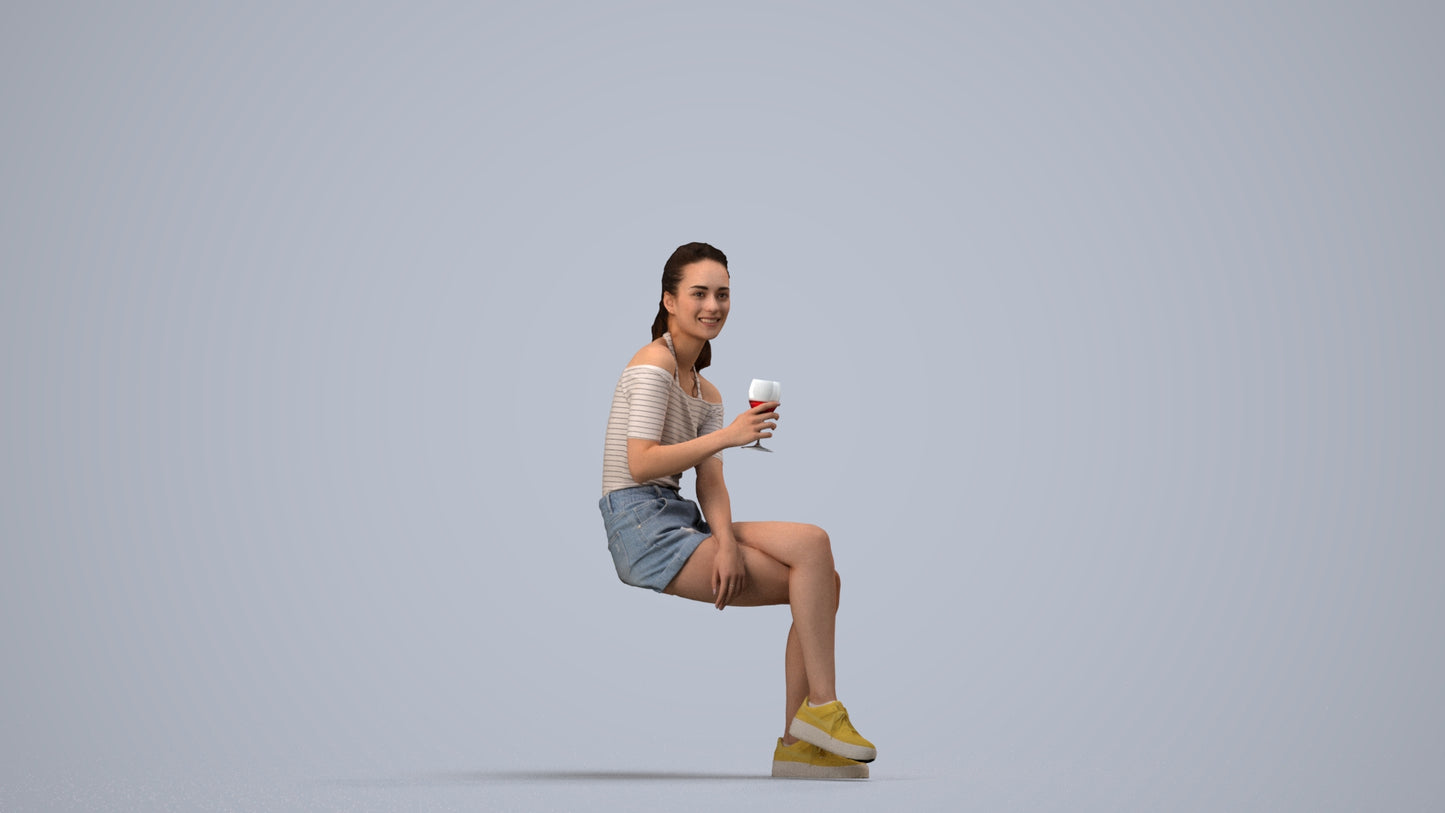 photogrammetry 3D woman casual sitting, realistic human model archviz FBX, side view render