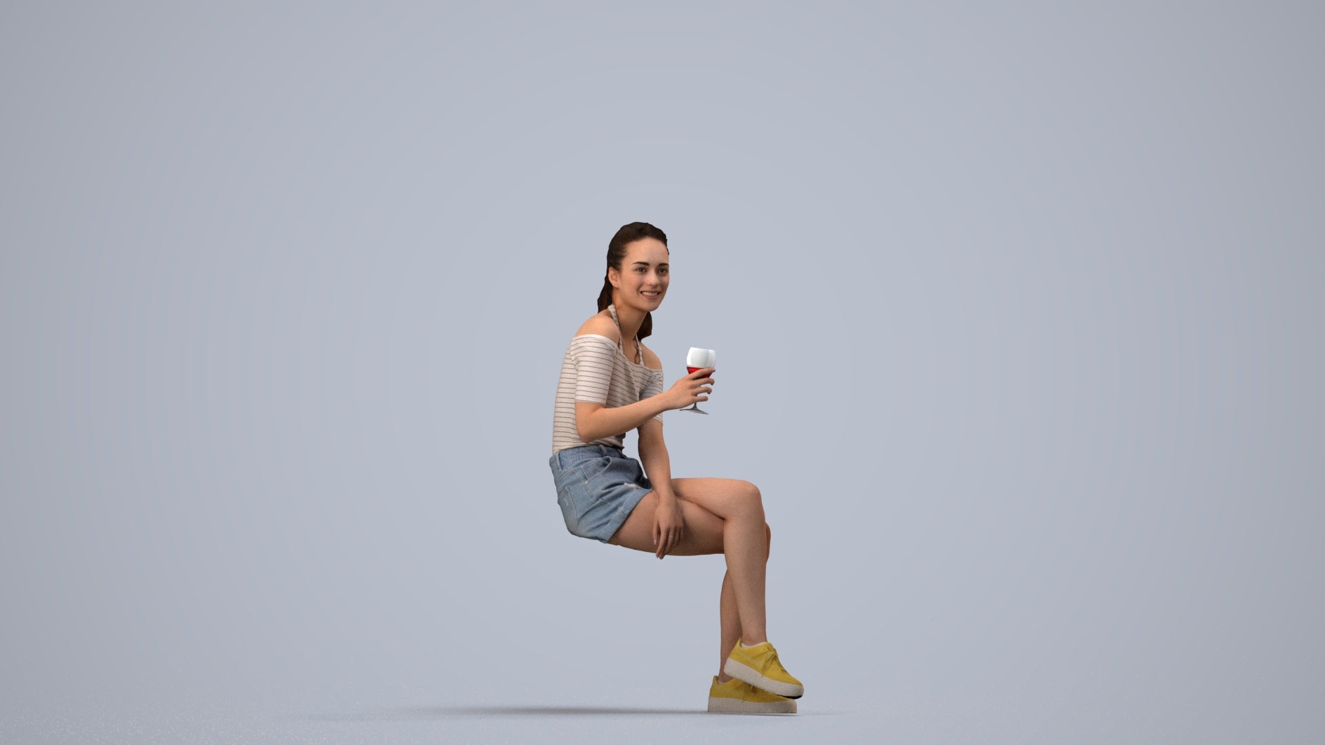 photogrammetry 3D woman casual sitting, realistic human model archviz FBX, side view render