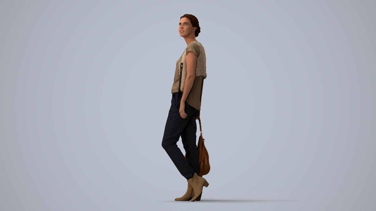 3D scanned woman standing casual, photorealistic archviz people for Enscape and SketchUp, three-quarter view render