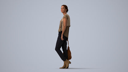 3D scanned woman standing casual, photorealistic archviz people for Enscape and SketchUp, three-quarter view render