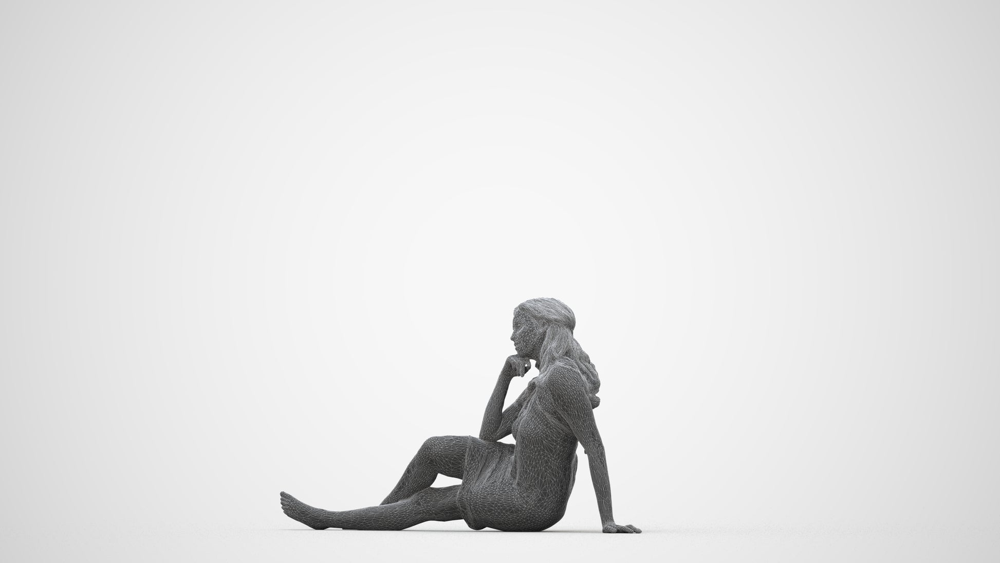3D human model woman pool, photogrammetry scanned person for archviz, wireframe back view