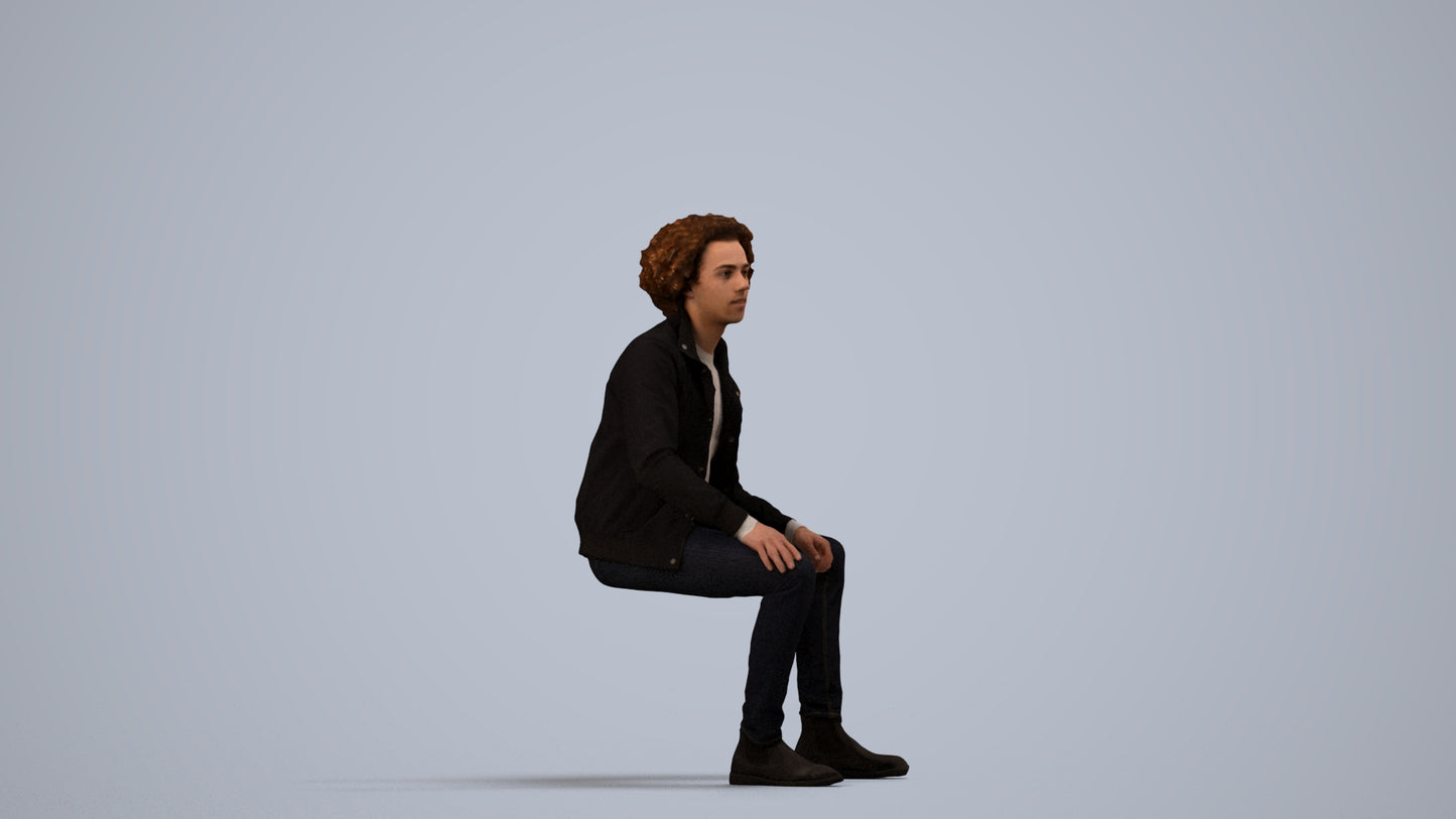 scanned 3D man casual sitting, photogrammetry people for Enscape and V-Ray, side view render