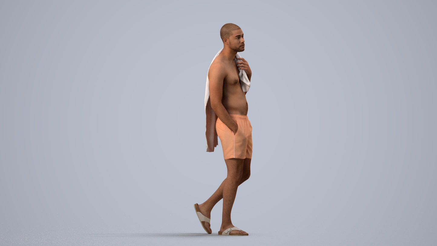 3D human model man pool, photogrammetry scanned person for archviz, side view render
