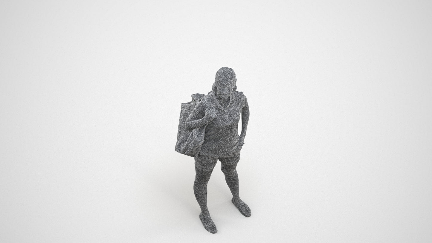 scanned 3D woman casual standing, photogrammetry people for Enscape and V-Ray, wireframe three-quarter view