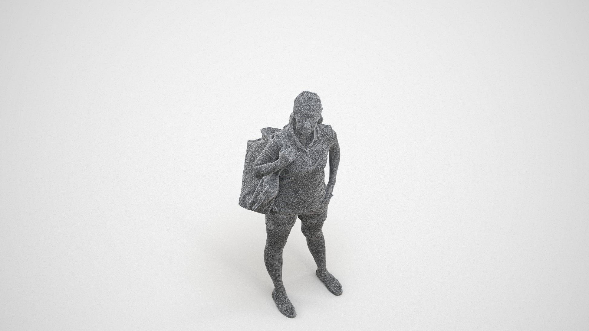 scanned 3D woman casual standing, photogrammetry people for Enscape and V-Ray, wireframe three-quarter view