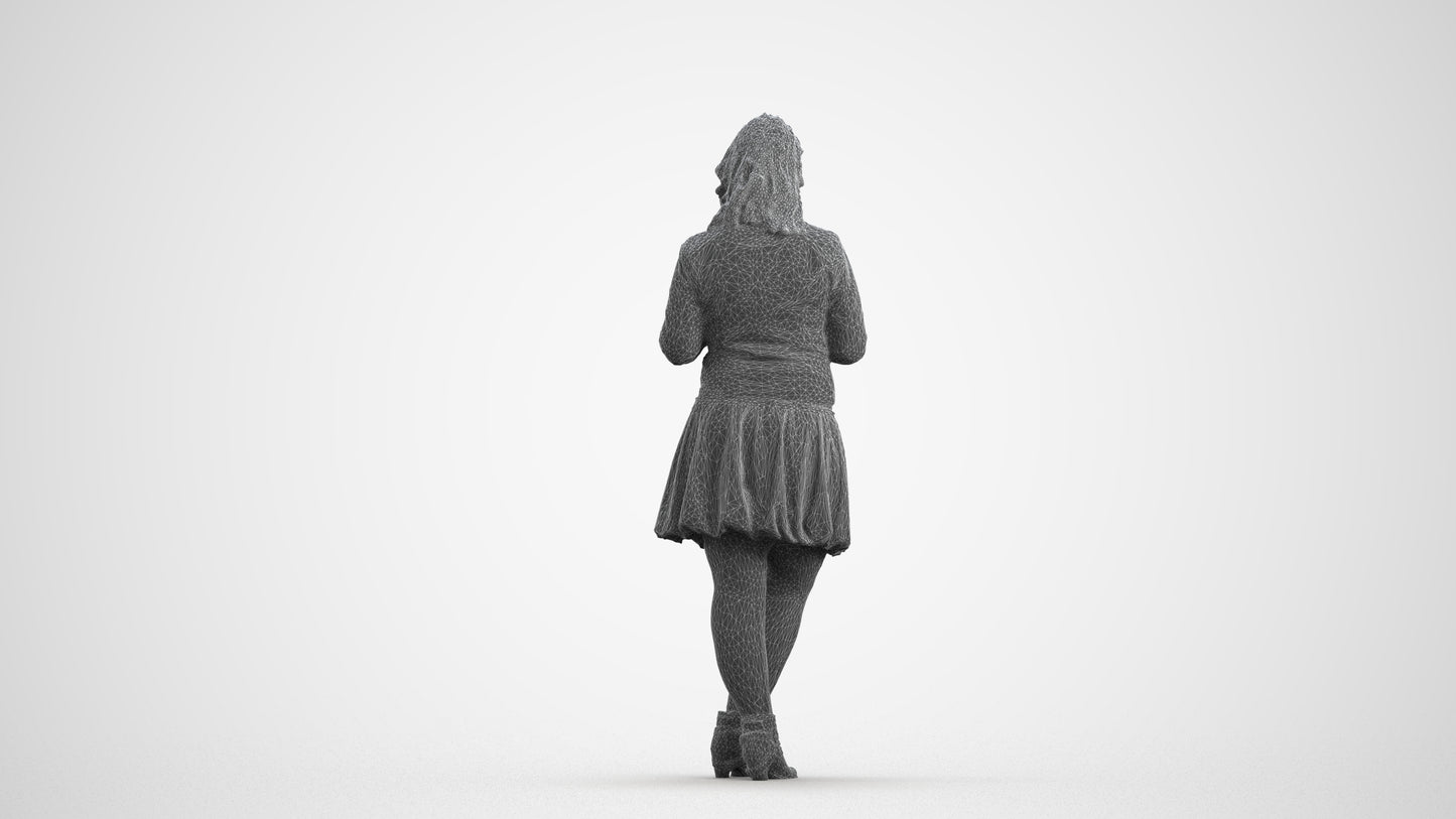 3D scanned woman standing casual, photorealistic archviz people for Enscape and SketchUp, wireframe front view