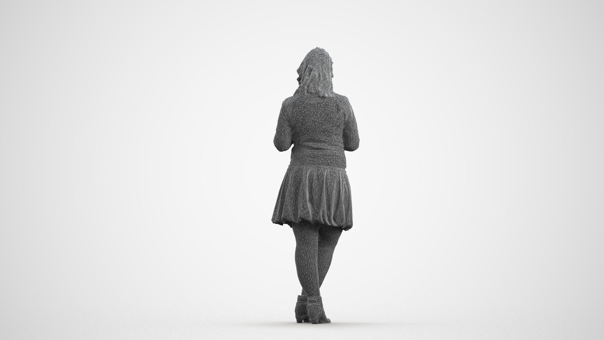 3D scanned woman standing casual, photorealistic archviz people for Enscape and SketchUp, wireframe front view