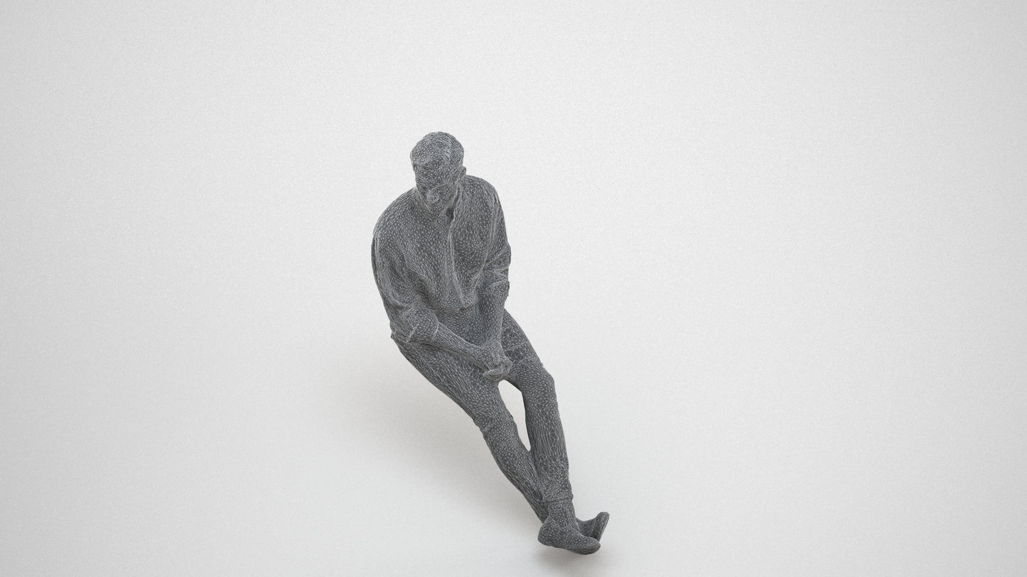 scanned 3D man casual sitting, photogrammetry people for Enscape and V-Ray, wireframe three-quarter view