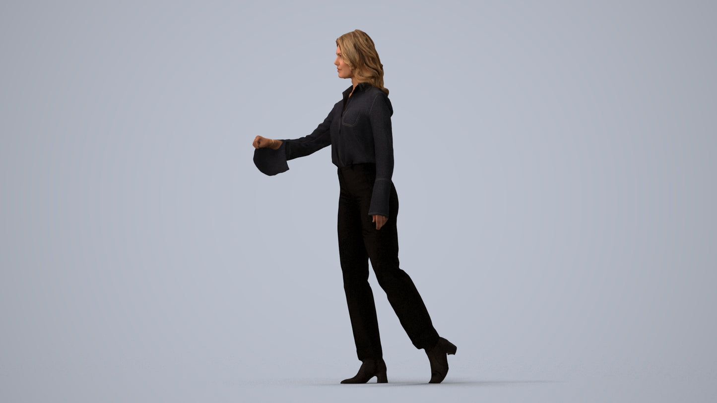 3D scanned woman door business, photorealistic archviz people for Enscape and SketchUp, three-quarter view render