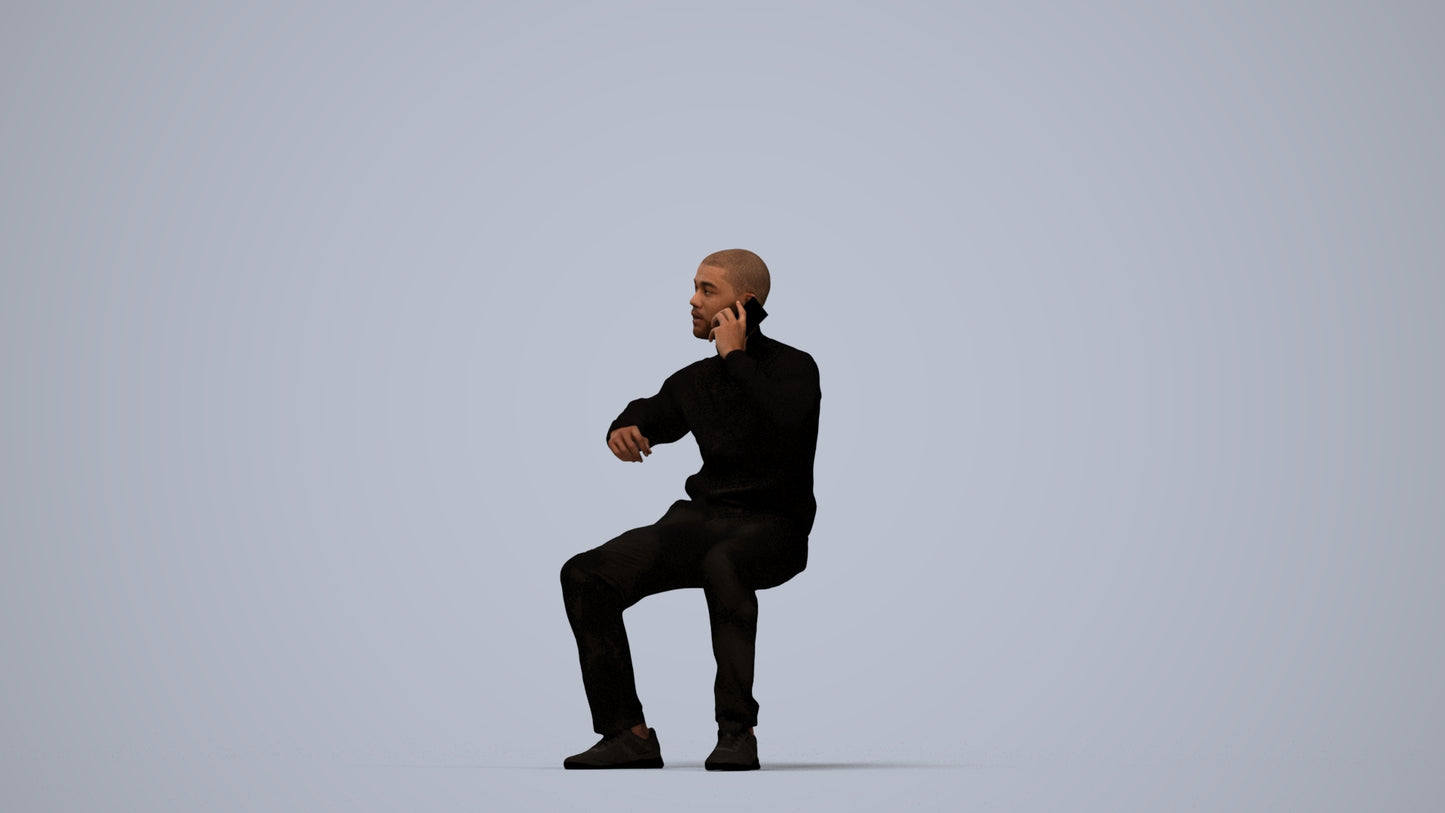 3D human model man sitting, photogrammetry scanned person for archviz, top-down view render