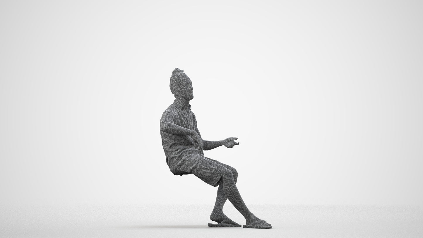 3D people model man casual sitting, scanned human for 3ds Max rendering, wireframe side view