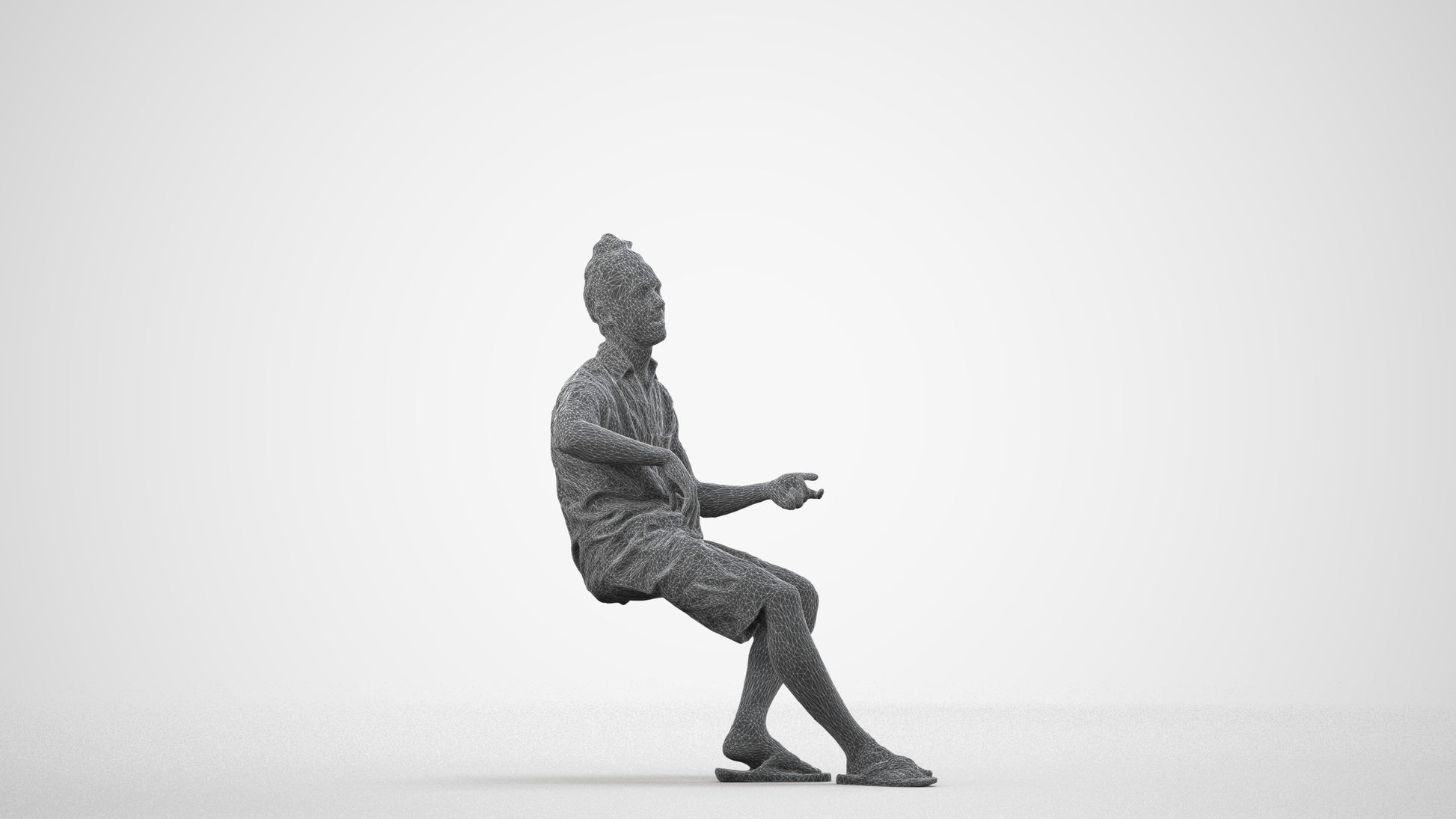 3D people model man casual sitting, scanned human for 3ds Max rendering, wireframe side view
