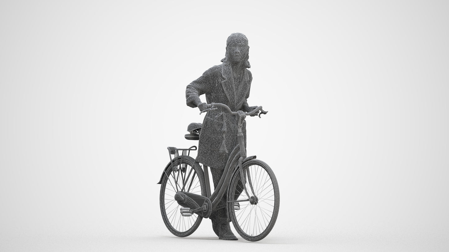 3D human model woman casual cycling, photogrammetry scanned person for archviz, three-quarter front view render