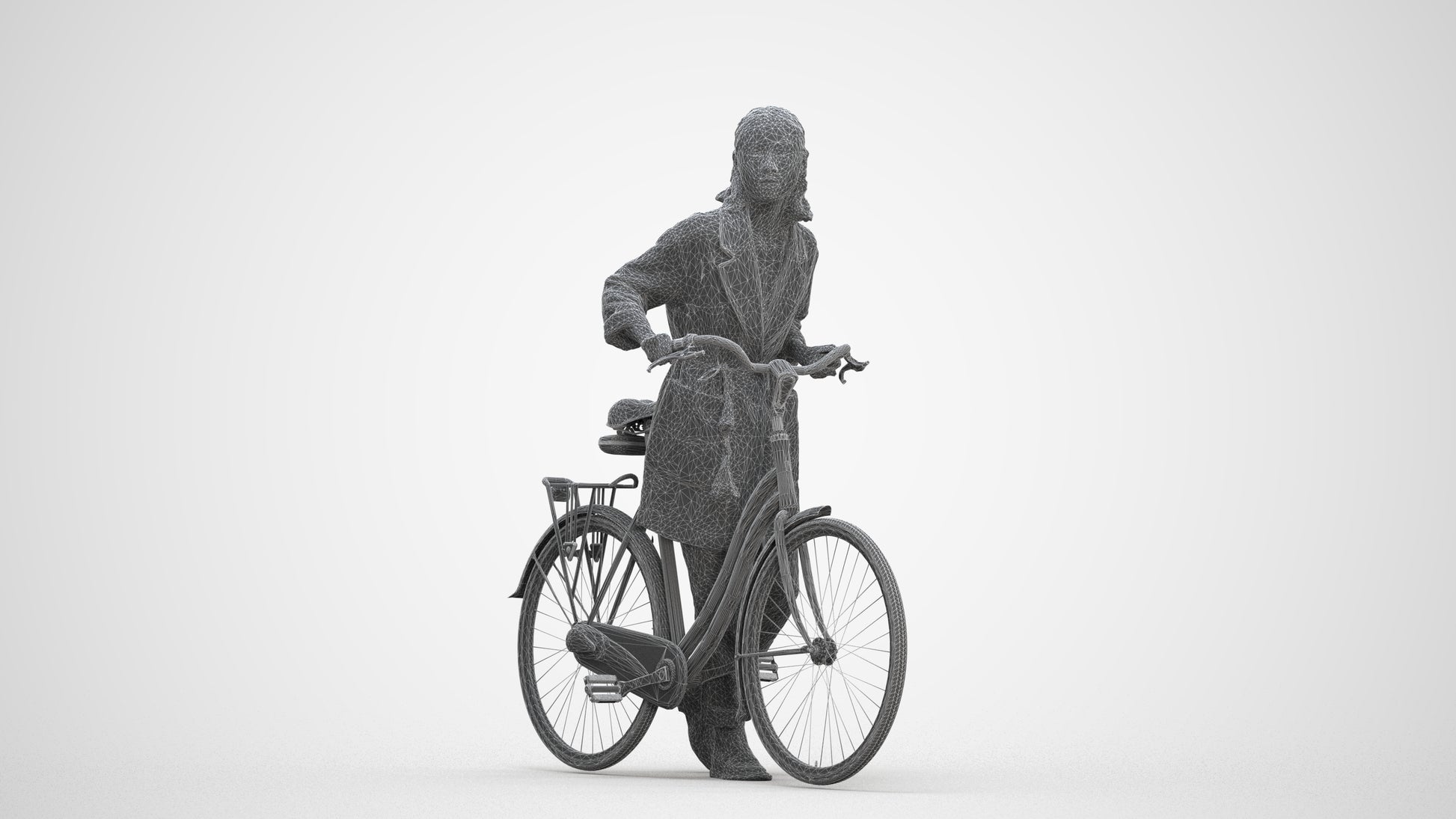 3D human model woman casual cycling, photogrammetry scanned person for archviz, three-quarter front view render