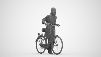 3D human model woman casual cycling, photogrammetry scanned person for archviz, three-quarter front view render