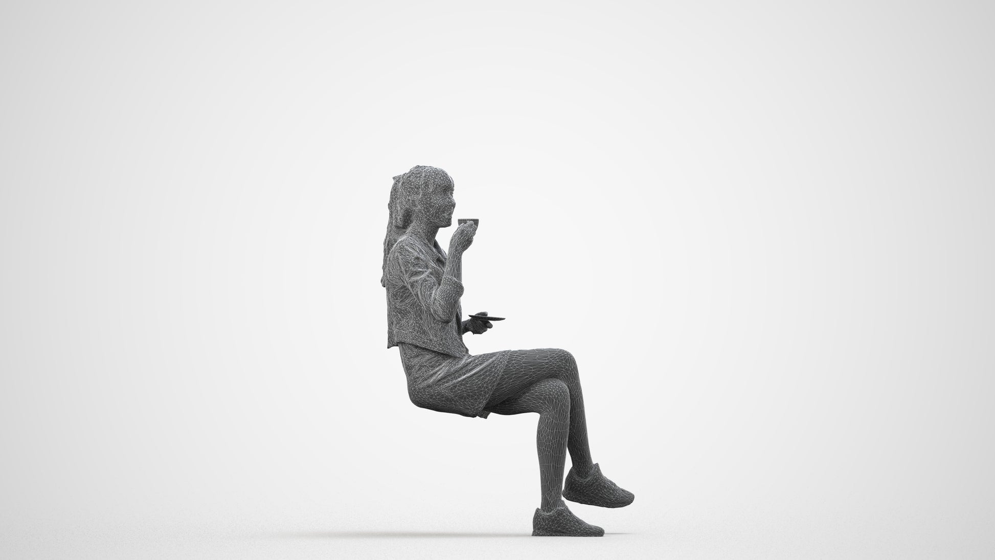 3D people model woman casual sitting, scanned human for 3ds Max rendering, wireframe side view
