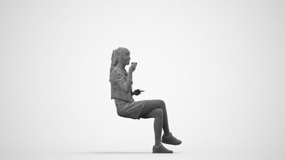 3D people model woman casual sitting, scanned human for 3ds Max rendering, wireframe side view