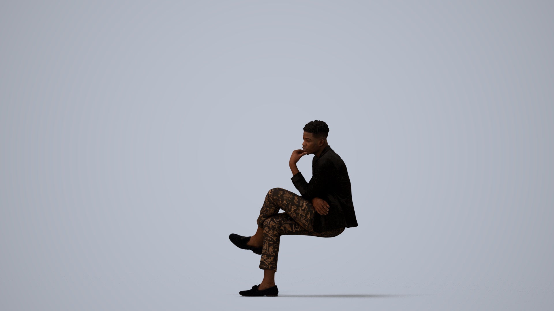 scanned 3D man casual sitting, photogrammetry people for Enscape and V-Ray, three-quarter view render