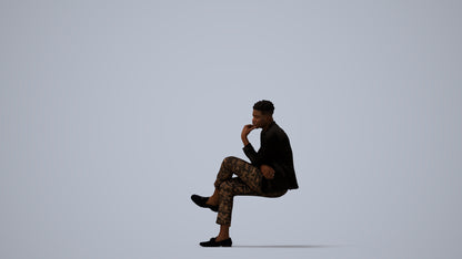 scanned 3D man casual sitting, photogrammetry people for Enscape and V-Ray, three-quarter view render