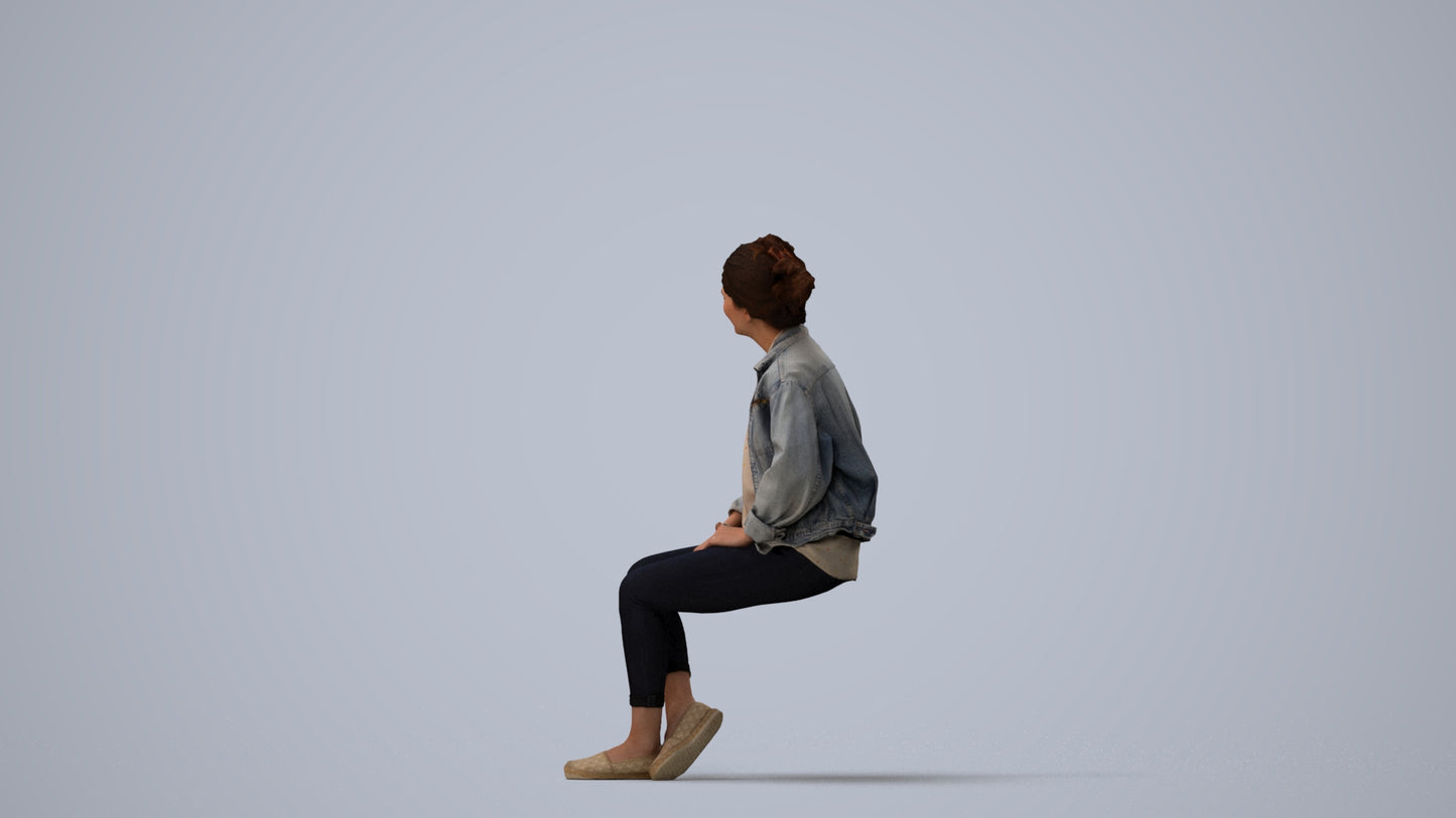 photogrammetry 3D woman casual sitting, realistic human model archviz FBX, three-quarter view render