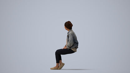 photogrammetry 3D woman casual sitting, realistic human model archviz FBX, three-quarter view render