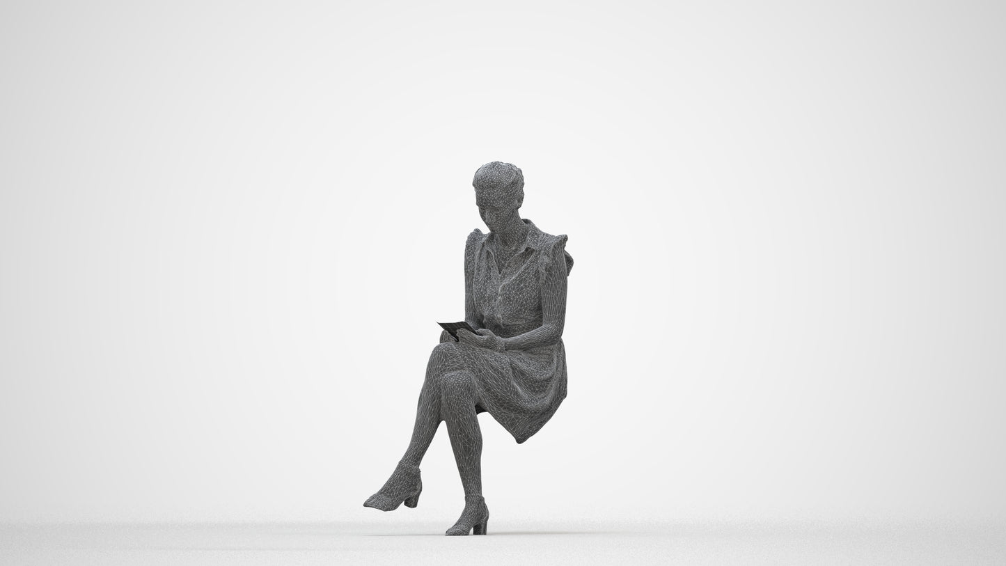 scanned 3D woman casual sitting, photogrammetry people for Enscape and V-Ray, wireframe back view